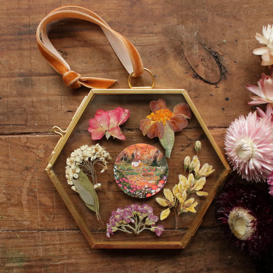 Hexagon pressed flower frame with September Evening art print