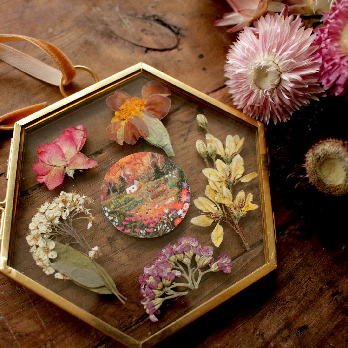 Hexagon pressed flower frame with September Evening art print