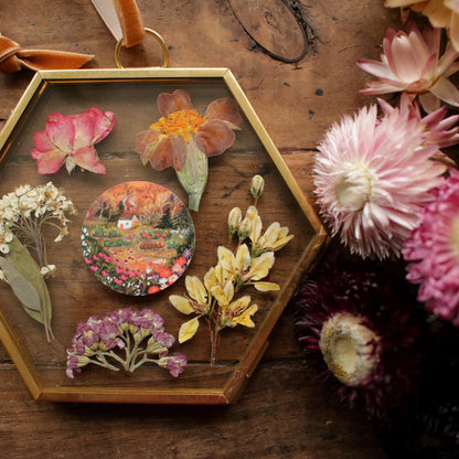 Hexagon pressed flower frame with September Evening art print