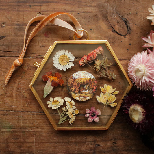 Hexagon pressed flower frame with Fern and Sheep art print