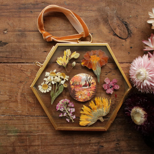 Hexagon pressed flower frame with Autumn Letters art print