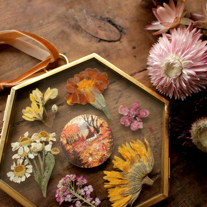 Hexagon pressed flower frame with Autumn Letters art print