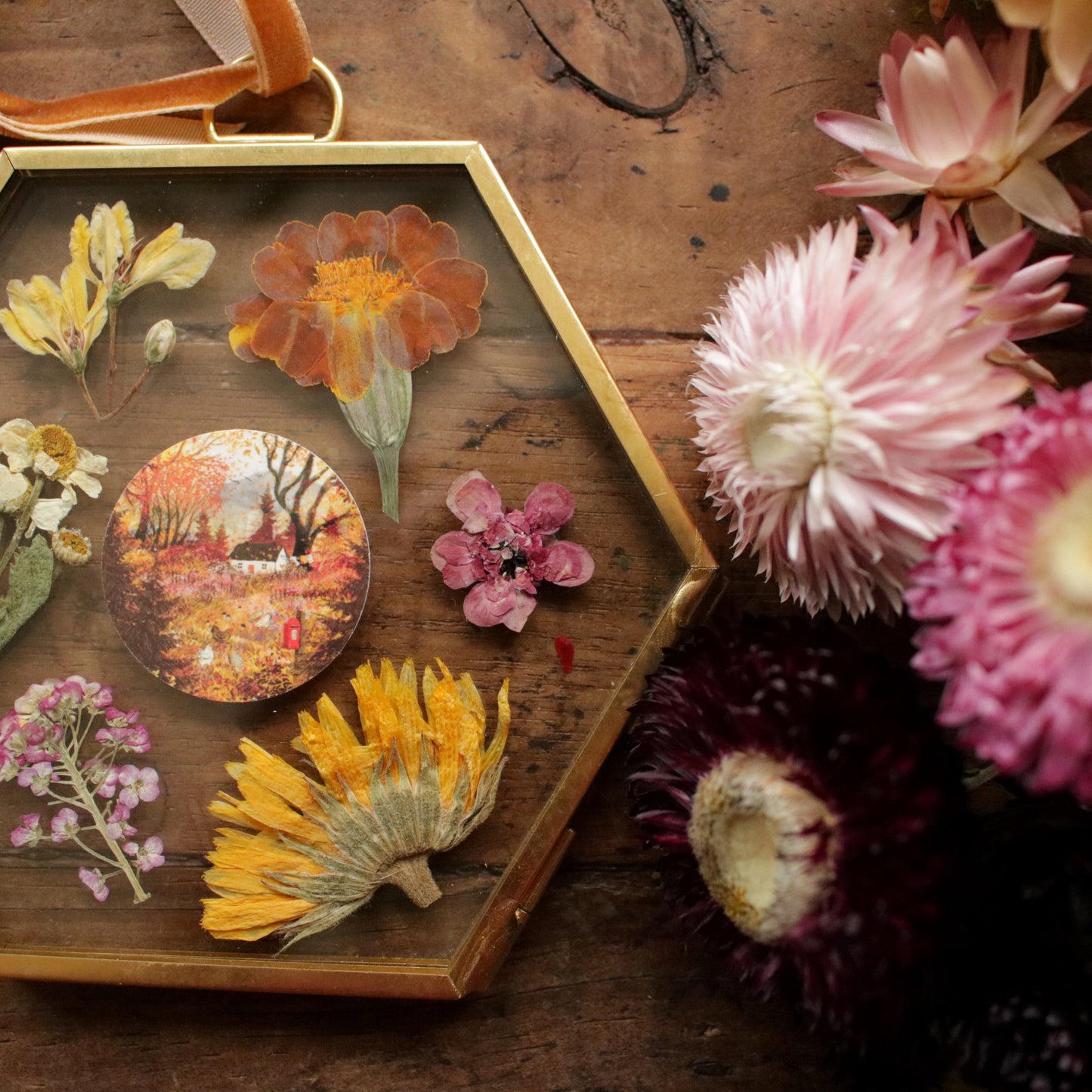 Hexagon pressed flower frame with Autumn Letters art print