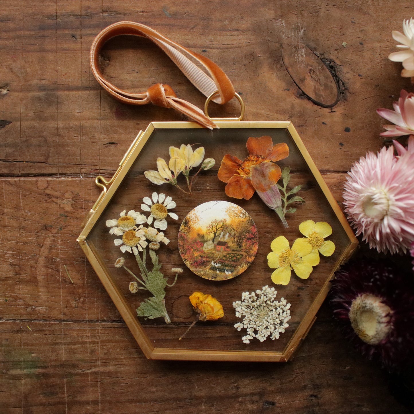 Hexagon pressed flower frame with Autumn's Embrace art print