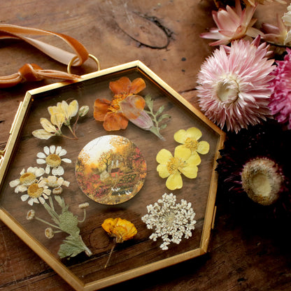 Hexagon pressed flower frame with Autumn's Embrace art print