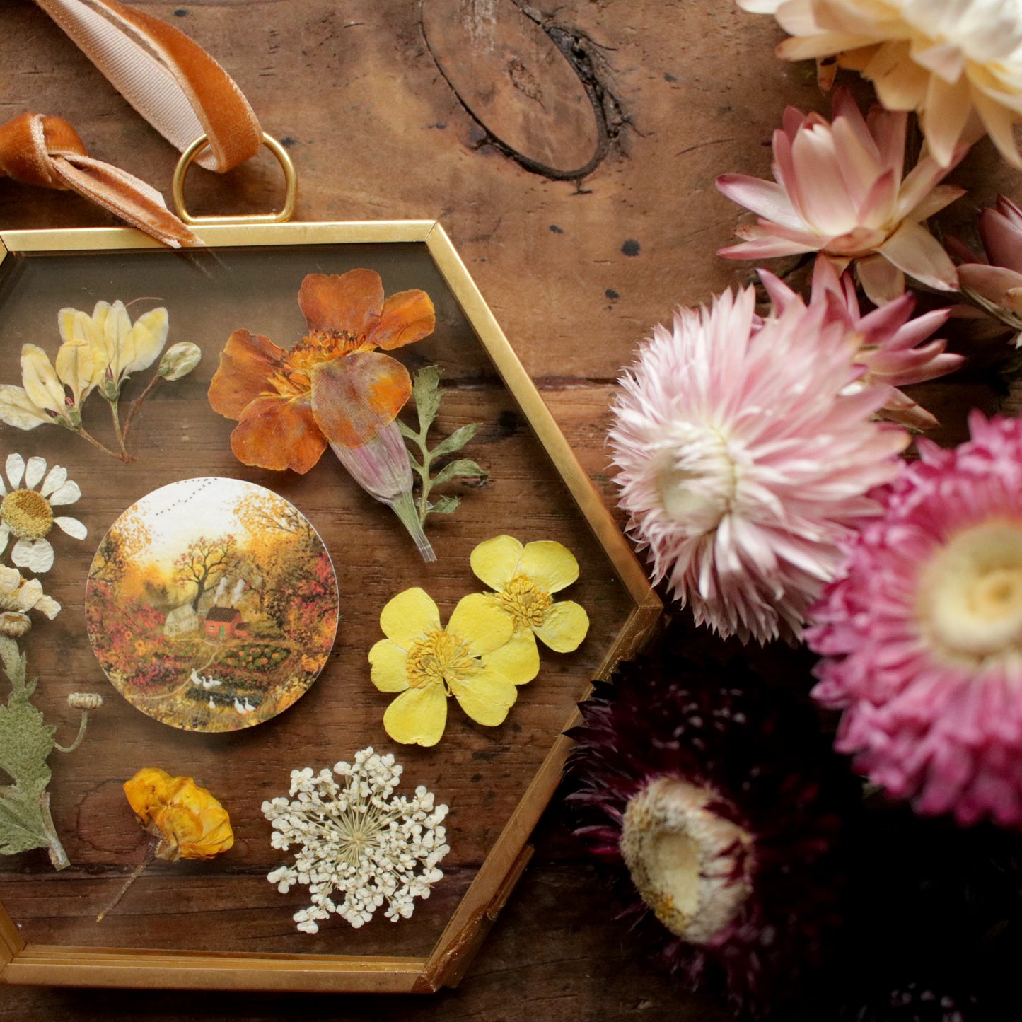 Hexagon pressed flower frame with Autumn's Embrace art print