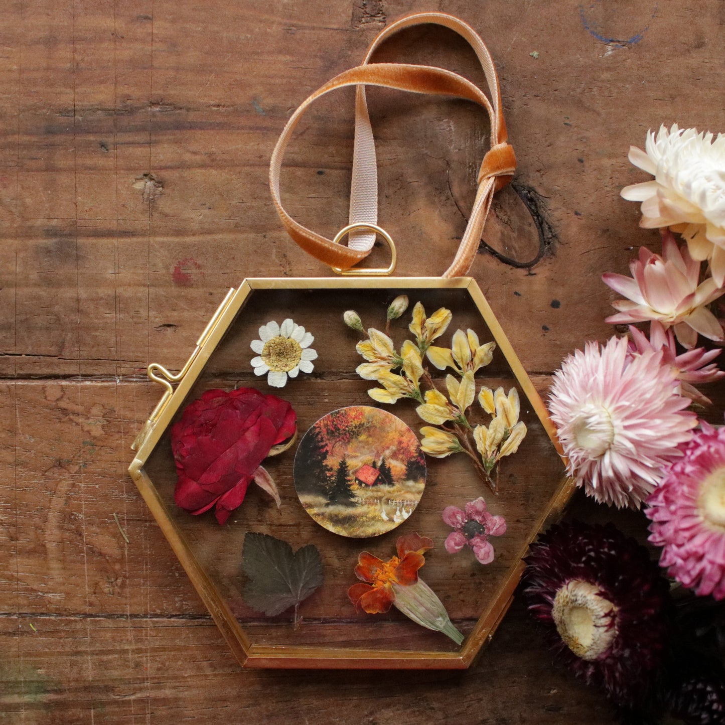 Hexagon pressed flower frame with Misty Woodland art print