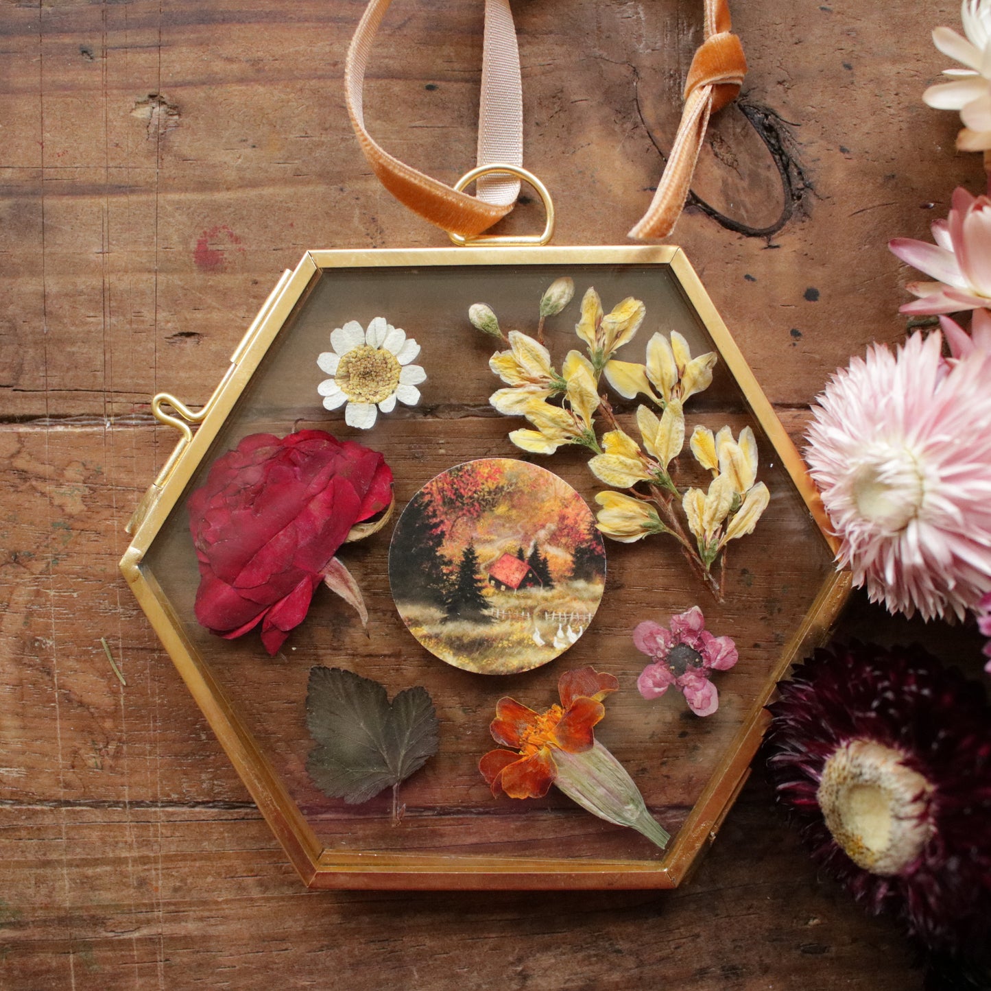 Hexagon pressed flower frame with Misty Woodland art print