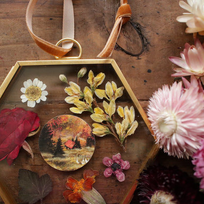 Hexagon pressed flower frame with Misty Woodland art print