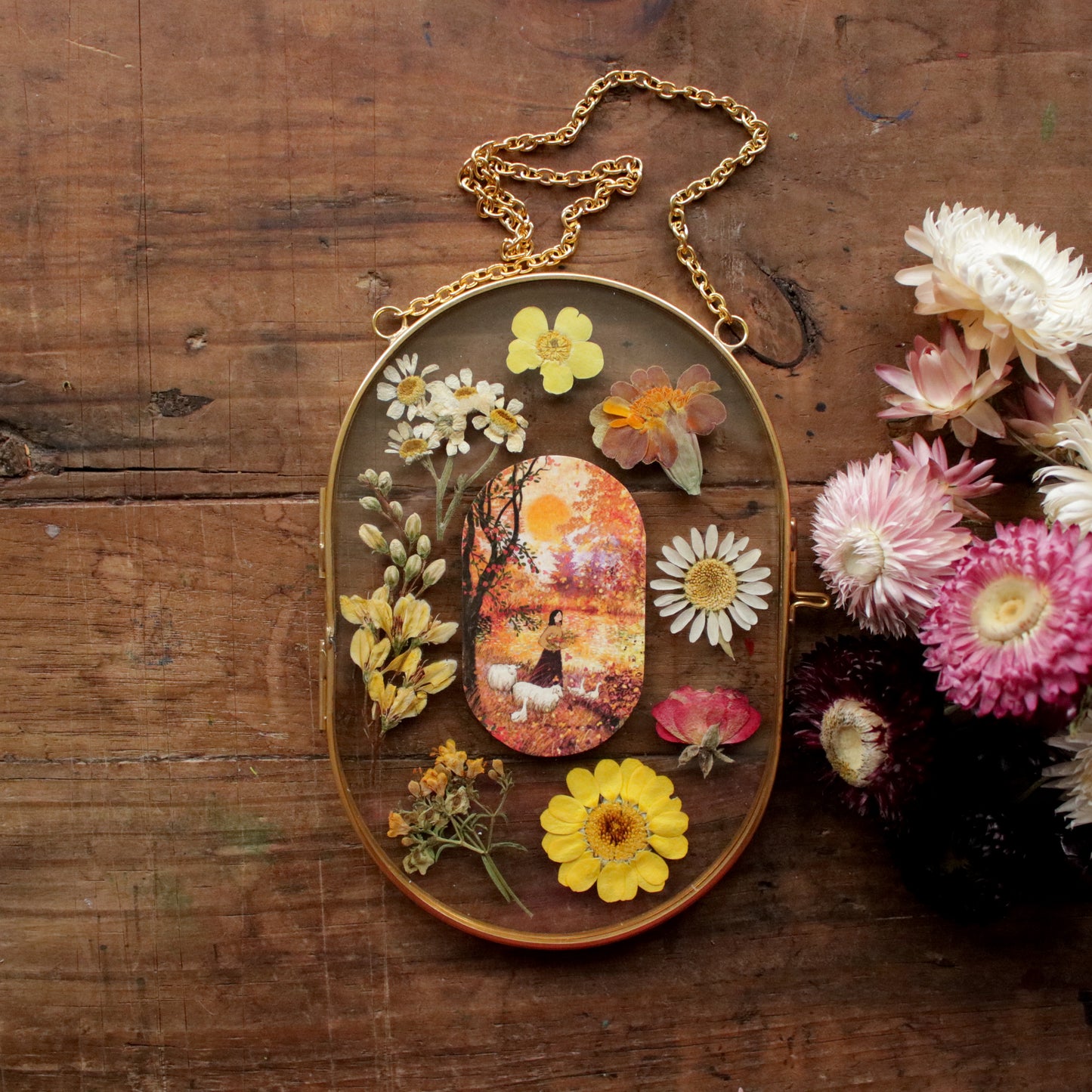 Pressed flower frame with Sweet Autumn Sun art print