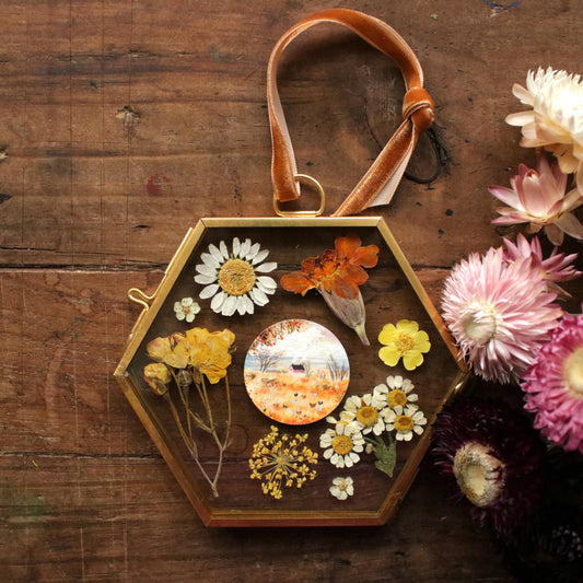Hexagon pressed flower frame with Chickens in my Backyard art print