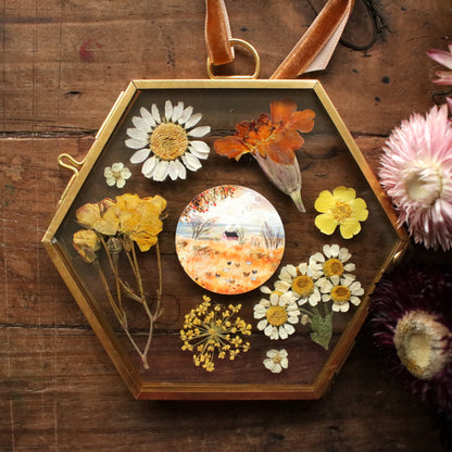 Hexagon pressed flower frame with Chickens in my Backyard art print