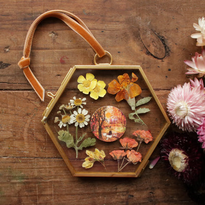 Hexagon pressed flower frame with Sweet Autumn Sun art print