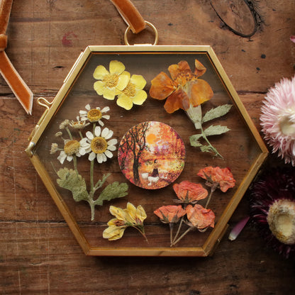Hexagon pressed flower frame with Sweet Autumn Sun art print