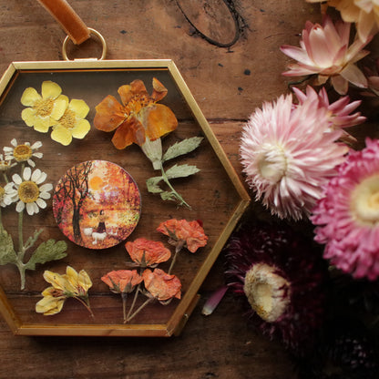 Hexagon pressed flower frame with Sweet Autumn Sun art print