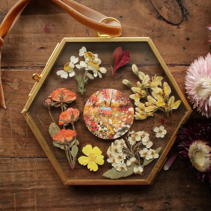 Hexagon pressed flower frame with Autumn Camping art print