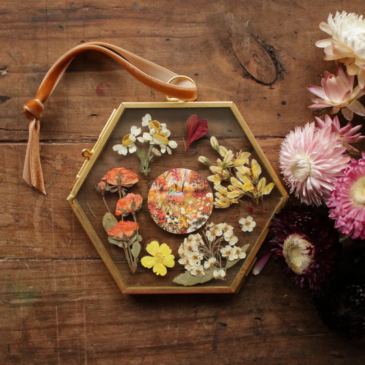 Hexagon pressed flower frame with Autumn Camping art print