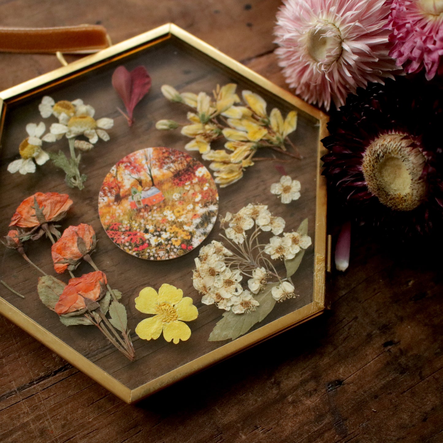 Hexagon pressed flower frame with Autumn Camping art print