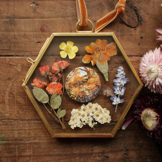 Hexagon pressed flower frame with Apple Tree and Sheep art print