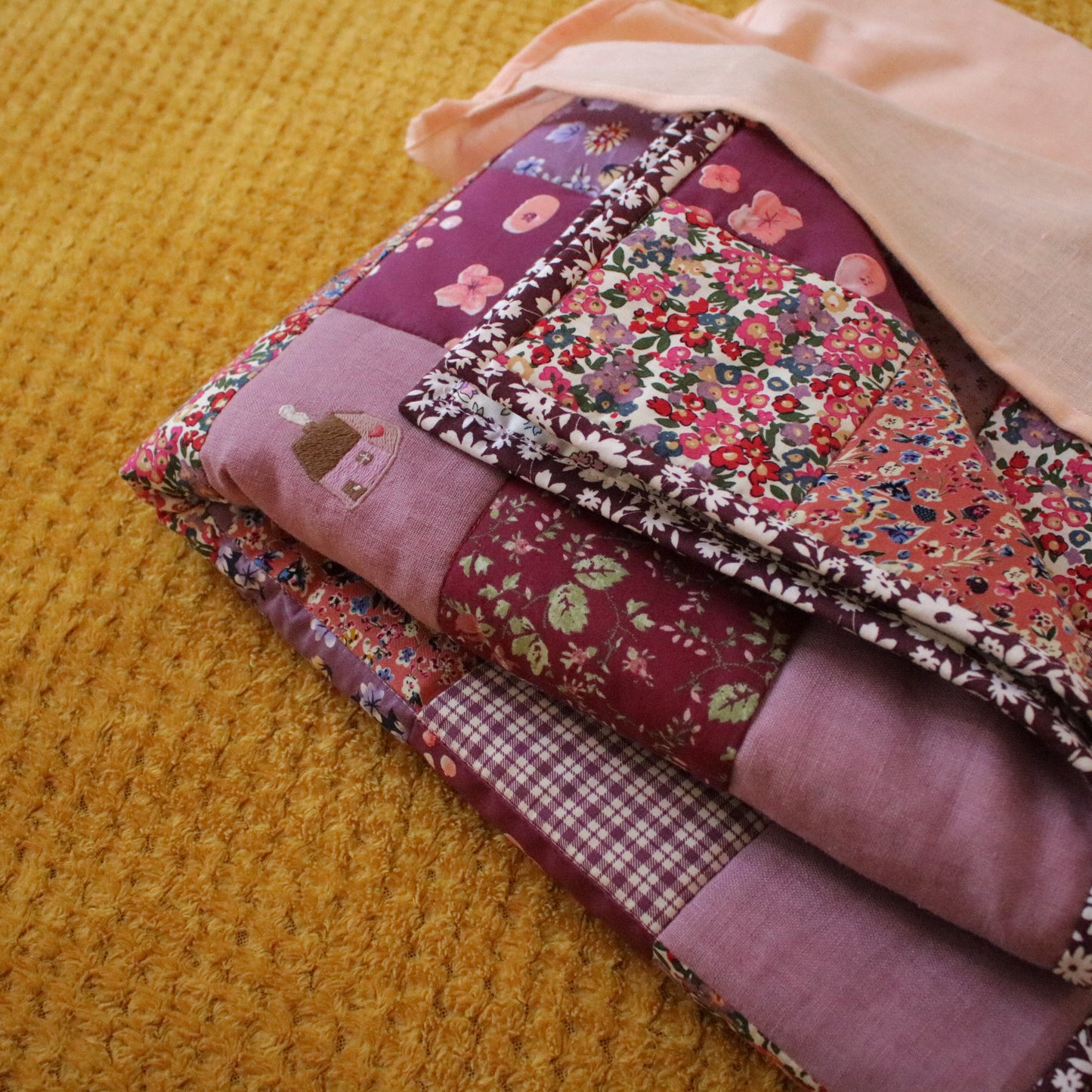 Heirloom Patchwork Bed Runner with an Embroidery "November Garden"