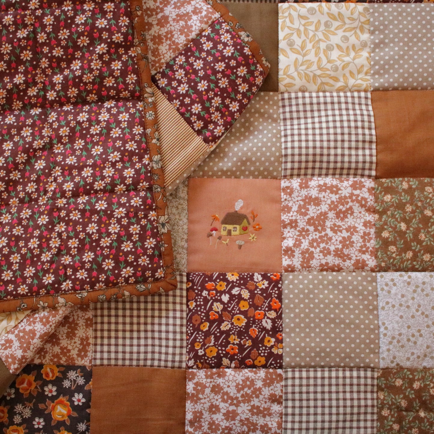Heirloom Patchwork Bed Runner with an Embroidery "Harvest"