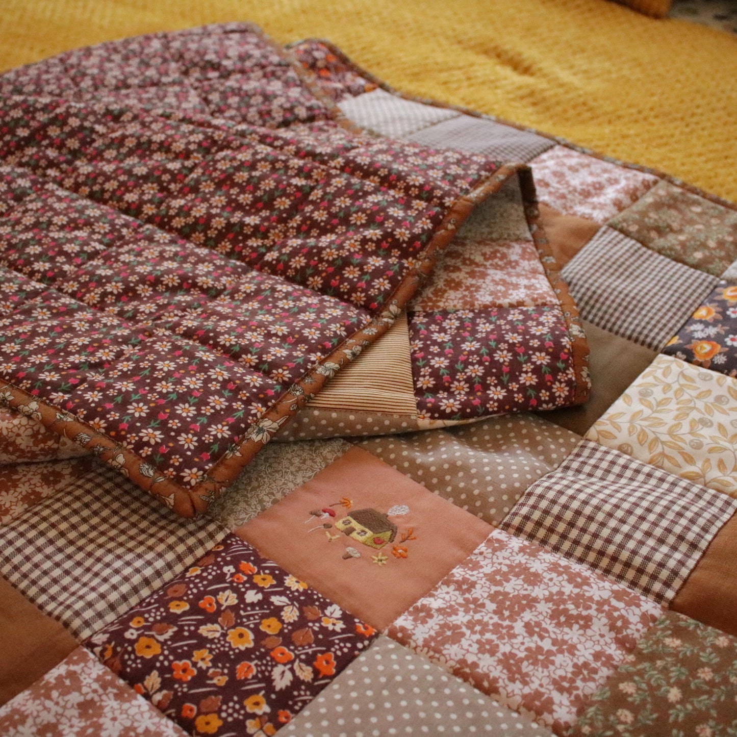 Heirloom Patchwork Bed Runner with an Embroidery "Harvest"