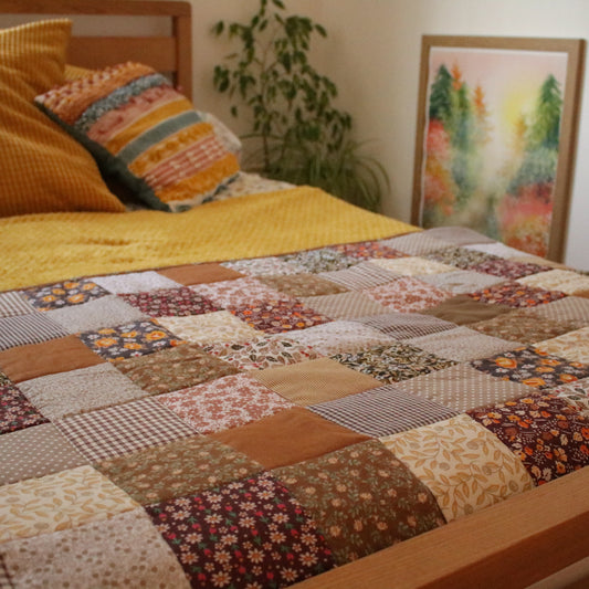 Heirloom Patchwork Bed Runner with an Embroidery "Harvest"