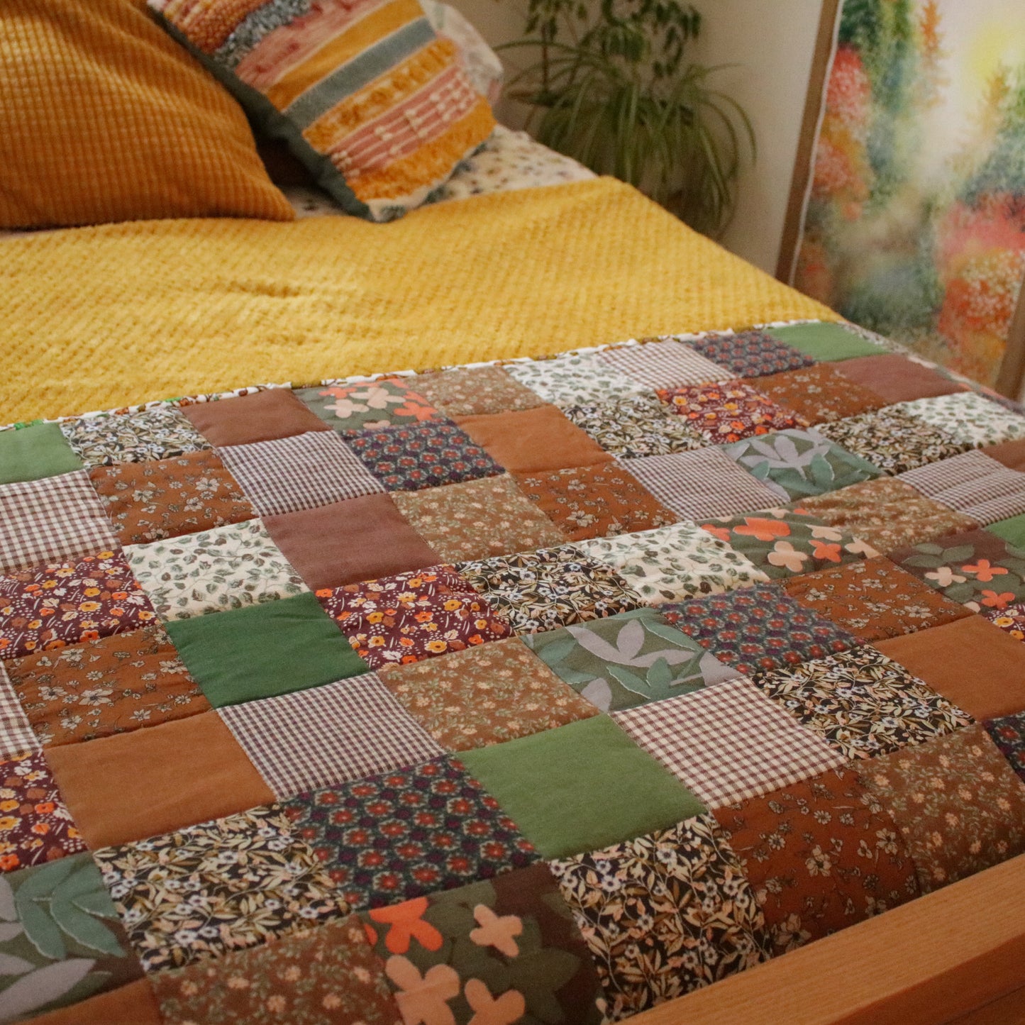 Heirloom Patchwork Bed Runner with an Embroidery "Countryside Garden"