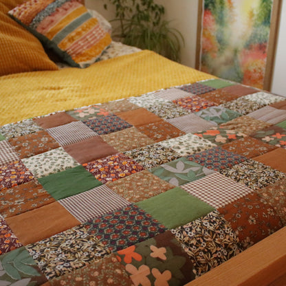 Heirloom Patchwork Bed Runner with an Embroidery "Countryside Garden"