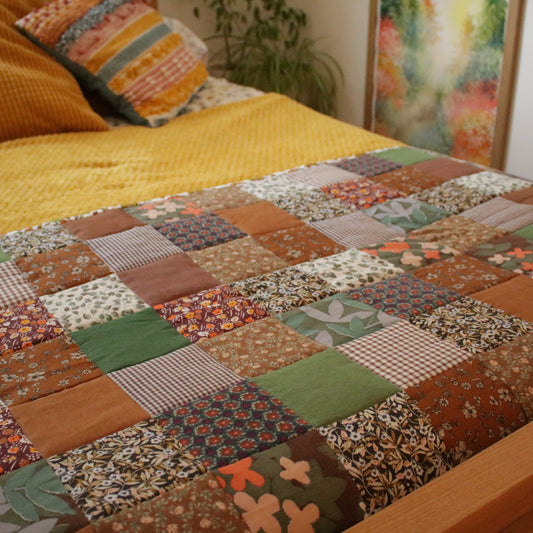 Heirloom Patchwork Bed Runner with an Embroidery "Countryside Garden"