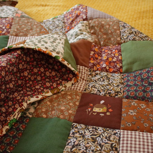 Heirloom Patchwork Bed Runner with an Embroidery "Countryside Garden"