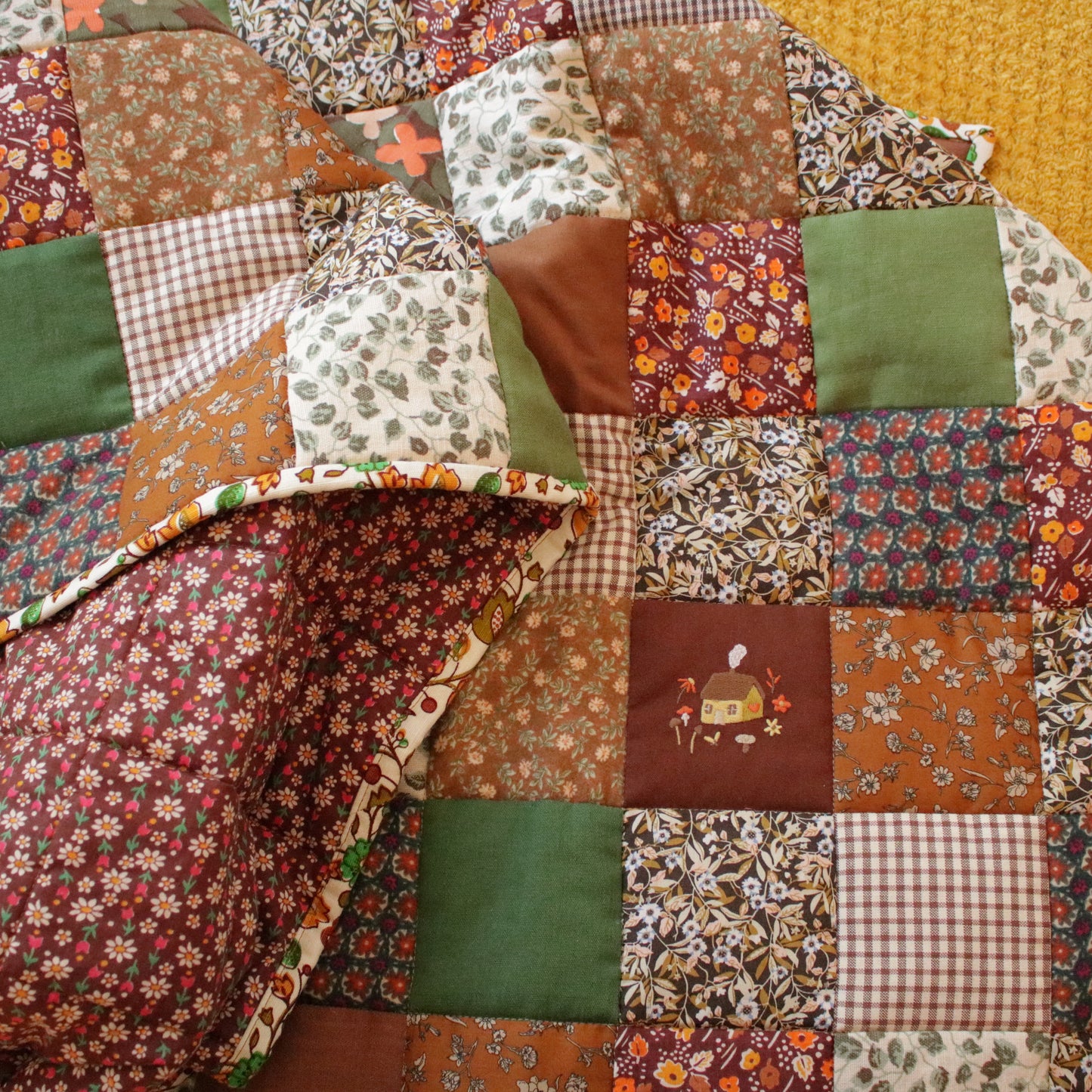 Heirloom Patchwork Bed Runner with an Embroidery "Countryside Garden"