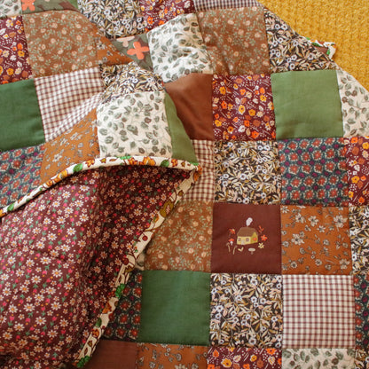 Heirloom Patchwork Bed Runner with an Embroidery "Countryside Garden"