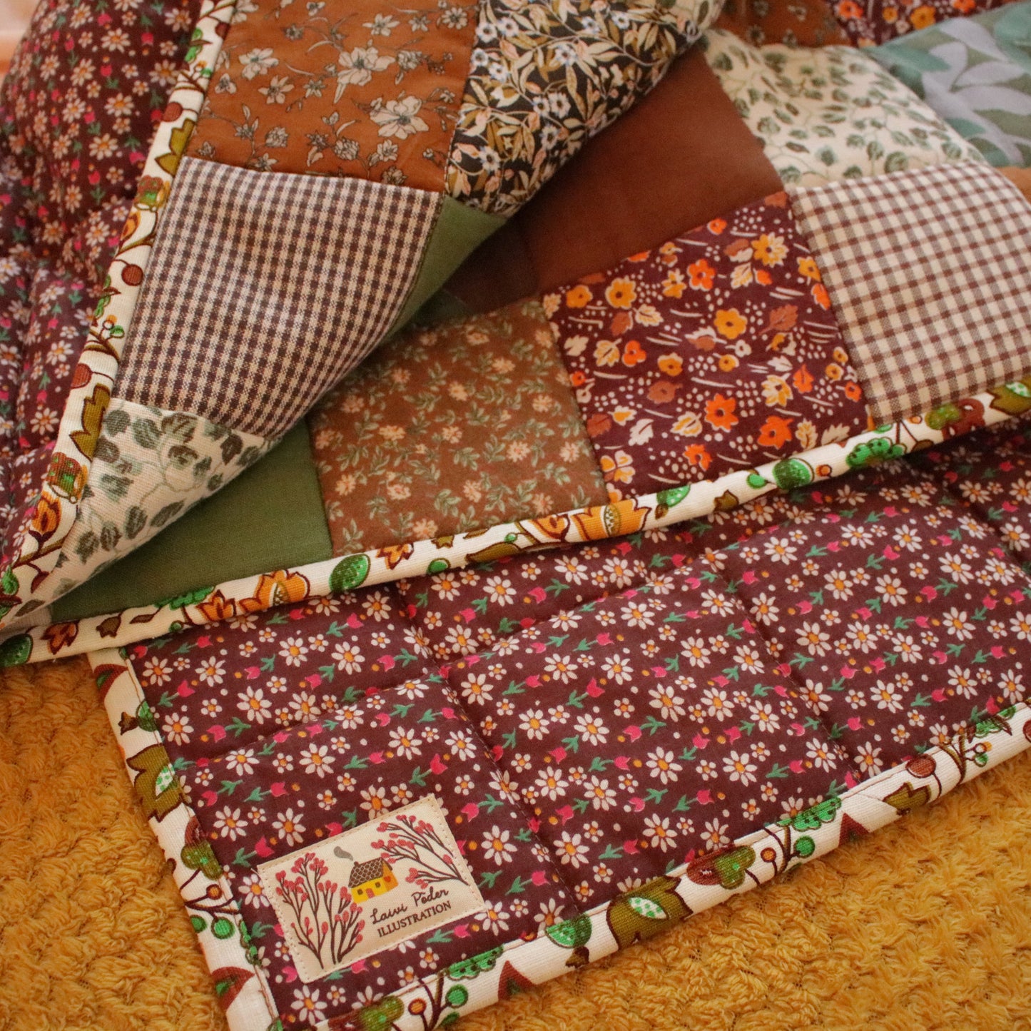 Heirloom Patchwork Bed Runner with an Embroidery "Countryside Garden"