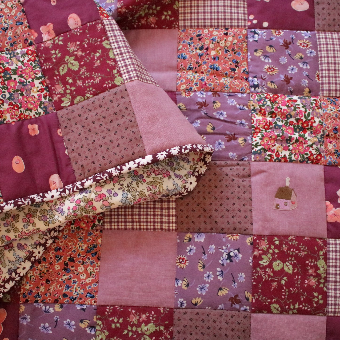 Heirloom Patchwork Bed Runner with an Embroidery "November Garden"
