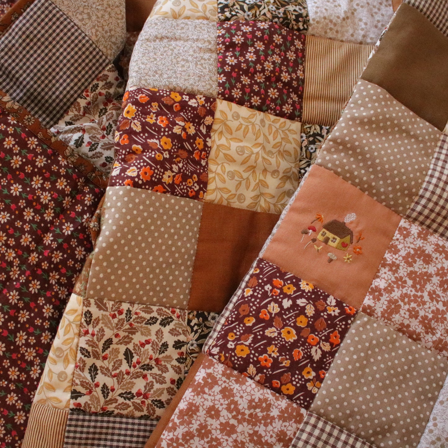Heirloom Patchwork Bed Runner with an Embroidery "Harvest"