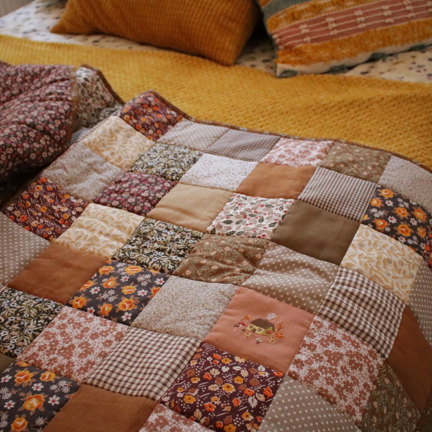Heirloom Patchwork Bed Runner with an Embroidery "Harvest"