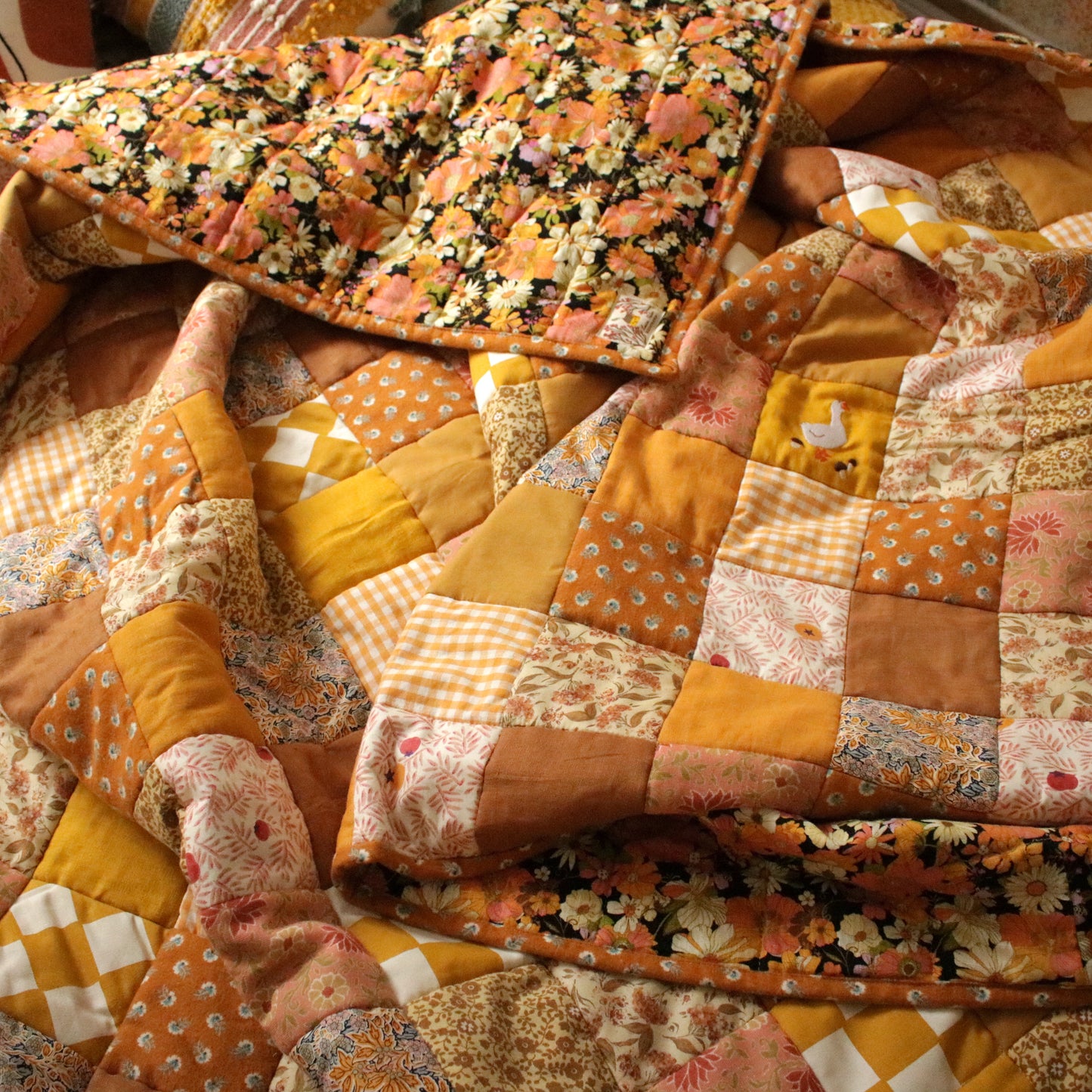 Heirloom Patchwork Blanket with an Embroidery "Marigold"