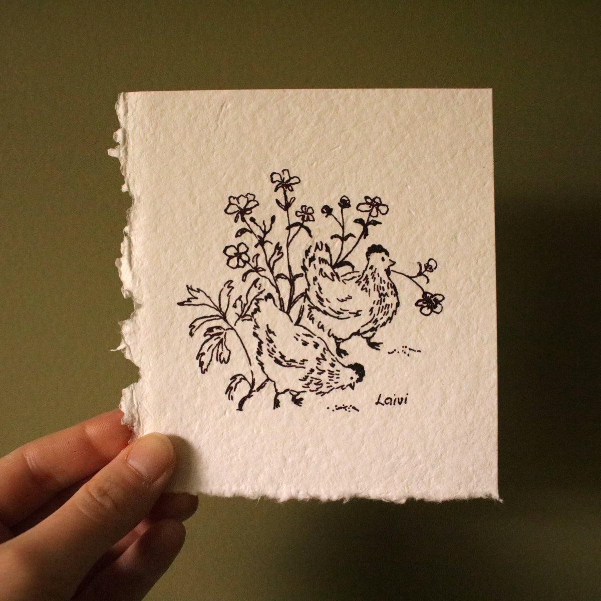 Original Ink Drawing "Chickens and Buttercups"