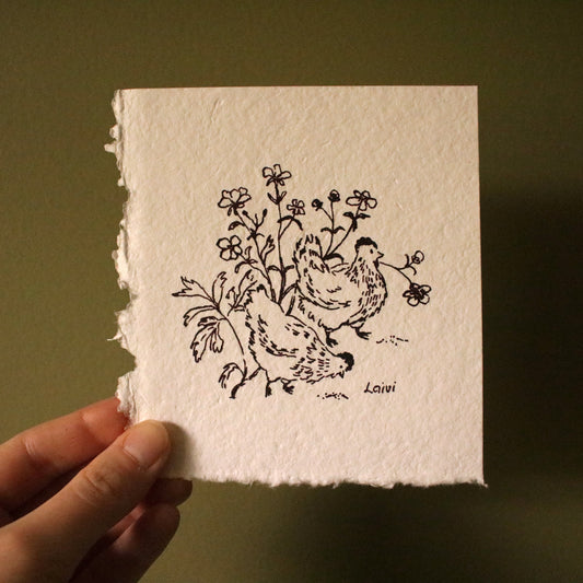 Original Ink Drawing "Chickens and Buttercups"