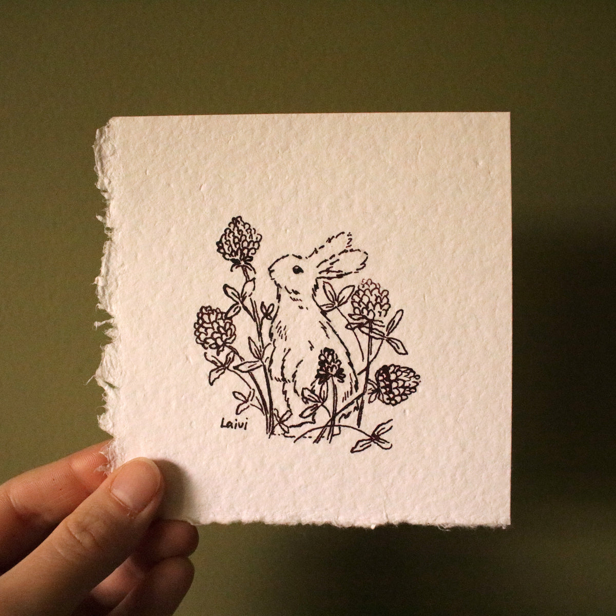 Original Ink Drawing "Clovers and a Rabbit"