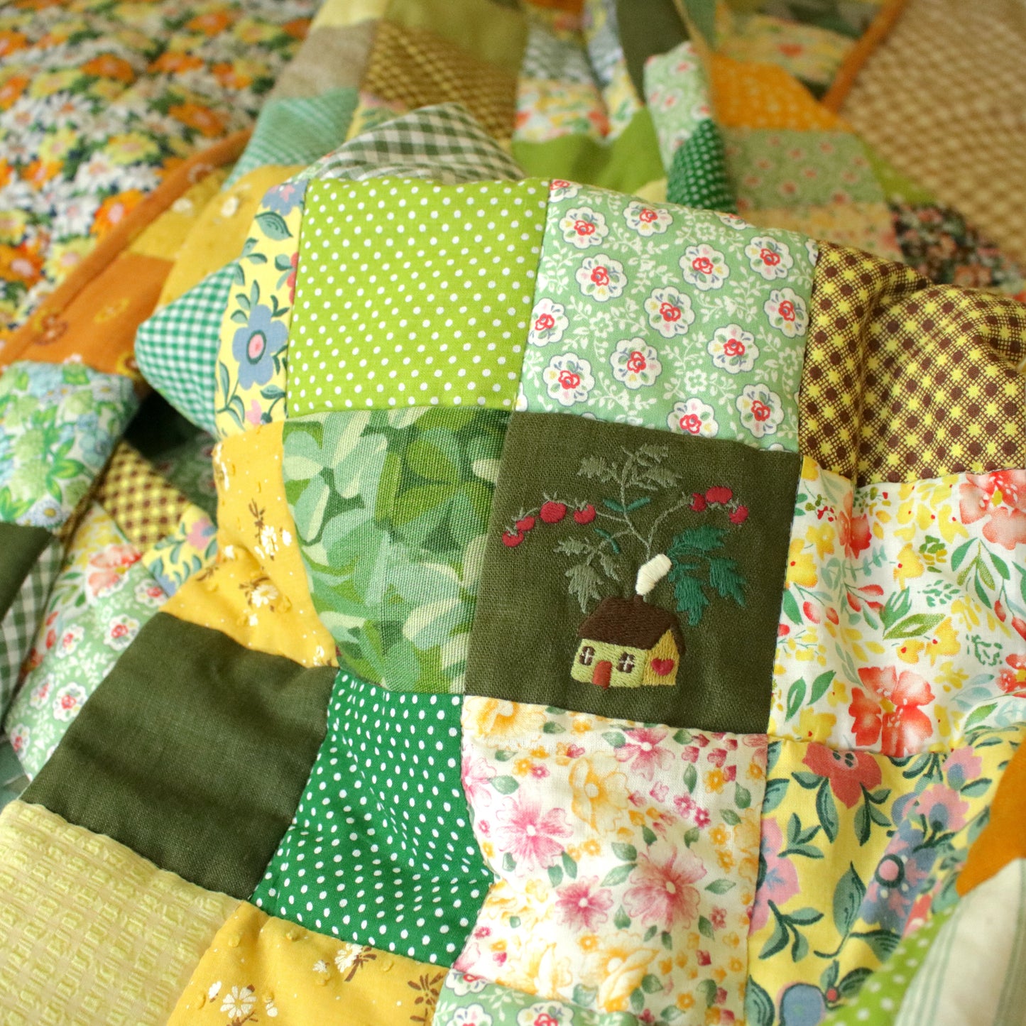 Heirloom Patchwork Blanket with an Embroidery "Pansy"