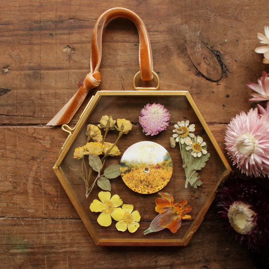 Hexagon pressed flower frame with Sunflower Field art print