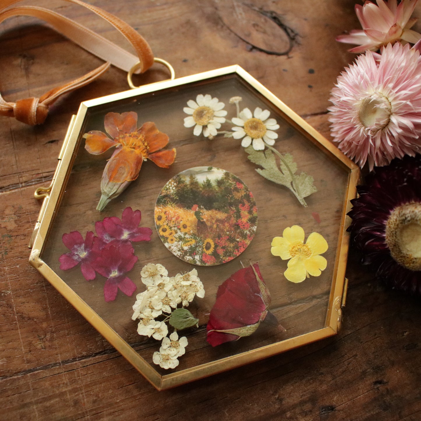 Hexagon pressed flower frame with Autumn Views and Foraging art print