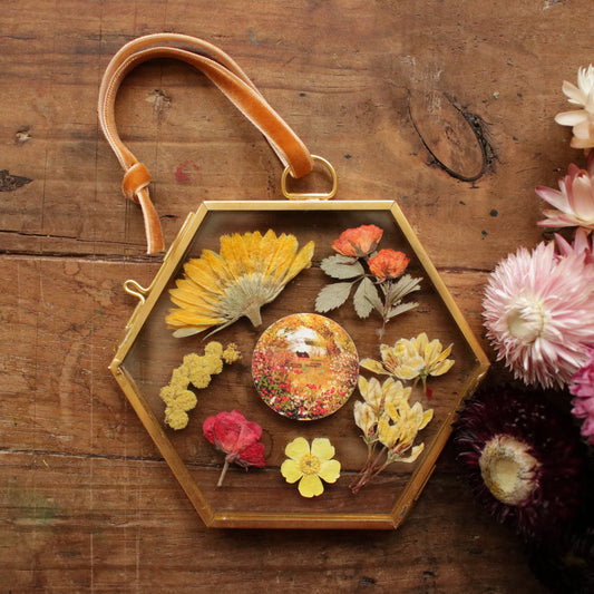 Hexagon pressed flower frame with Smell of Rosehip art print