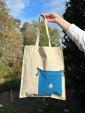 Essential Cotton Tote Bag with a Pocket Pink House