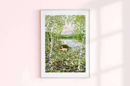 Giclee Fine Art Print "Birch Trees and Spring Flowers"