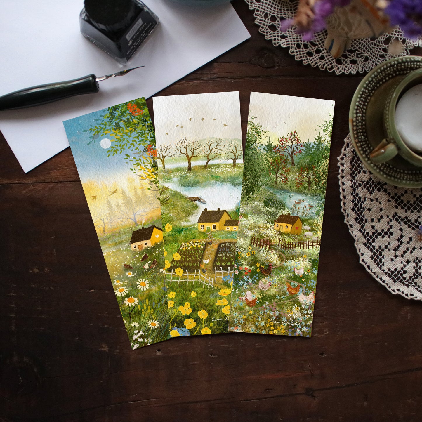 Set of 3 bookmarks "Chickens and Yellow Houses"