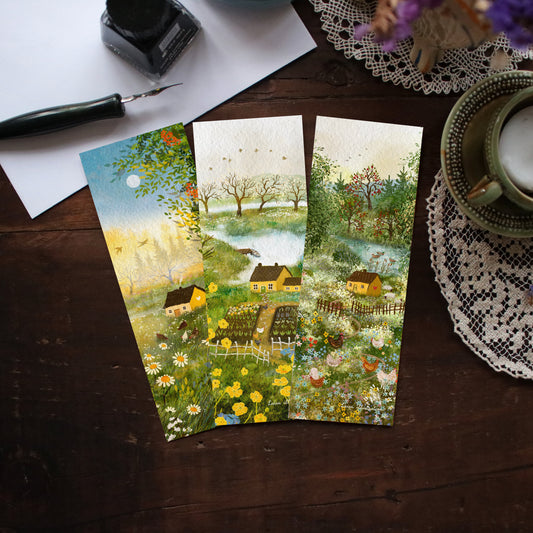 Set of 3 bookmarks "Chickens and Yellow Houses"