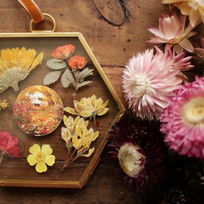 Hexagon pressed flower frame with Smell of Rosehip art print